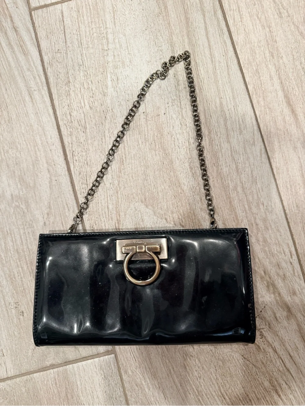 Salvatore Ferragamo Gancini Patent leather Black Mini Clutch Bag